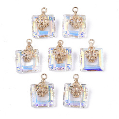 電気メッキガラスチャーム  ライトゴールドメッキ真鍮アイスピックピンチベイル付き  長方形  クリアAB  14x10x5.5mm  穴：1mm&nbsp;EGLA-N005-002C