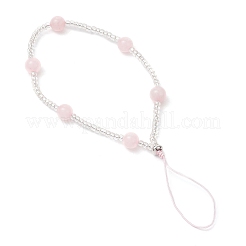 Цепочки для телефона с круглыми бусинами из натурального розового кварца и стеклянных семян HJEW-JM03363-03