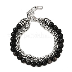 Pulseras multihebra con cuentas redondas de jaspe y hoja de plata natural&nbsp;BJEW-D330-02P-07