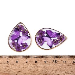 透明エポキシ樹脂ペンダント  ドライフラワーと蝶のチャームが付いたティアドロップ  金箔と真鍮を使用  暗紫色  35x25.5x3~4mm  穴：1~1.2mm&nbsp;RESI-T059-20A