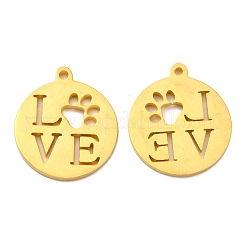 304ステンレスペンダント  手動研磨  ワード「love」を刻まれたフラットラウンド  ゴールドカラー  15.5x18x1.4mm  穴：1.2mm&nbsp;X-STAS-F231-038G-A