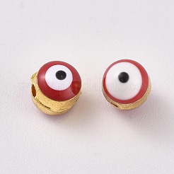 合金エナメルヨーロピアンビーズ  大穴ビーズ  ナザールボンジュウ  ゴールドカラー  暗赤色  5.5x5.5~7mm  穴：1mm&nbsp;X-ENAM-WH0047-14L