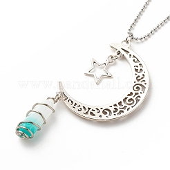 Balle de jade blanc vert naturel avec collier pendentif lune et étoile en alliage&nbsp;NJEW-JN03912-05