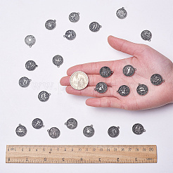 合金のチベット風チャーム  星座/星座とフラットラウンド  アンティークシルバー  アンティークシルバー  19x16x2mm  穴：1.5mm  24個/セット&nbsp;TIBEP-SC0001-13AS