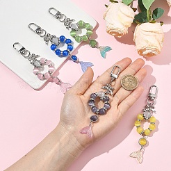 ガラス、キャッツアイ、合金のペンダント装飾  魚尾  合金回転式ナスカン付き  プラチナ  ディープスカイブルー  126mm&nbsp;HJEW-YW00485-01
