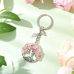 生命の木の合金キーホルダーが付いたフラットラウンド  アクリルとガラスビーズの花  ミスティローズ  93mm&nbsp;KEYC-MZ00039-01