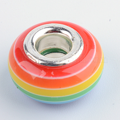 レジンヨーロピアンビーズ  大穴ビーズ  銀メッキ真鍮二重コアを持つ  ストライプ  ロンデル  ドジャーブルー  14x8~8.5mm  穴：5mm&nbsp;X1-RPDL-S003-05