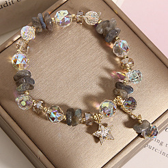 Pulseras elásticas de aleación con dije de estrella de rhinestone y cuentas de vidrio para mujer&nbsp;WG1458C-03