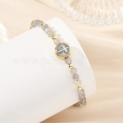 Bracelet extensible religieux en perles de labradorite naturelle avec perles plates rondes en laiton et perles en forme de croix&nbsp;BJEW-JB14360-01