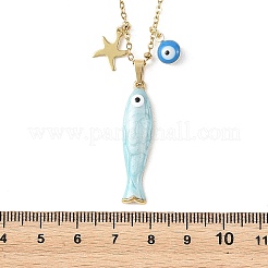 Halsketten mit Anhängern aus Messing und Emaille (Symbol: böser Blick) sowie Fischanhängern aus Edelstahl 304 und passenden Ketten aus Edelstahl 304 für Damen&nbsp;NJEW-JN06382-01