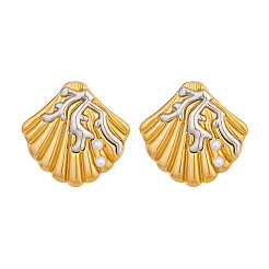 Boucles d'oreilles puces en acier inoxydable 304 bicolore avec perles de nacre pour femmes&nbsp;IE0729