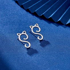 ロジウムメッキ 925 スターリングシルバーのかわいい猫の女性用スタッド イヤリング  プラチナ  17x10mm  ピン：1mm&nbsp;JE934A