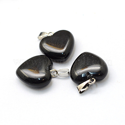 ハートの天然な黒の石のペンダント  プラチナメッキ真鍮パーツ  17~19x15~16x5~8mm  穴：2x7mm&nbsp;X-G-Q371-05