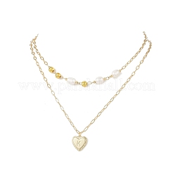Натуральный культивированный пресноводный жемчуг рисовые бусины латунное сердце с подвеской в виде буквы скрепка цепочка двухслойные ожерелья NJEW-JN05378-01