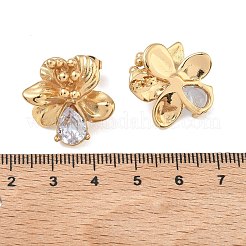 バレンタインデー向け 304ステンレススチール製キュービックジルコニアスタッドピアス（女性用）  ティアドロップの花  イオンプレーティング（ip）  18KGP本金メッキ  透明  22x21.5mm&nbsp;EJEW-F411-01G-02