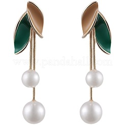 合金エナメル＆プラスチックパールスタッドピアス  葉  ゴールドカラー  グリーン  65x14mm&nbsp;WG48C65-02