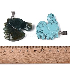 天然石と合成石の彫刻ペンダント  真鍮製のスナップ式バチカンが付いた馬のチャーム  ステンレス鋼色  35~37x39~41x7~8mm  穴：8x4~4.5mm&nbsp;G-Q608-14
