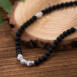 Мужские ожерелья из круглых бусин из натурального говлита диаметром 6 мм и матового черного камня.&nbsp;FQ0489-3