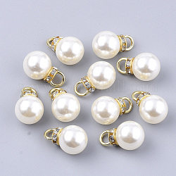 Colgantes de perlas de imitación de plástico abs de alto brillo, con fornituras de hierro chapado en oro y rhinestone de cristal, redondo, blanco cremoso, 18.5x11.5mm, agujero: 4 mm