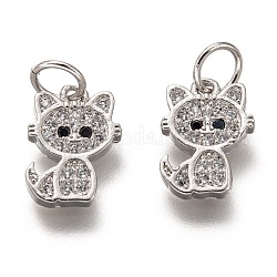 Brass Micro Pave Clear Cubic Zirconia Charms, Long-Lasting Plated, with Jump Ring, Cat, Platinum, 11.5x8x2mm, Jump Ring: 5x1mm, 3mm Inner Diameter