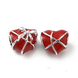Crémaillère émail alliage placage perles européennes, Perles avec un grand trou   , coeur avec bowknot, rouge, 11.5x12.5x9.5mm, Trou: 5mm
