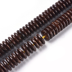 Perlas de coco hebras, plano y redondo, coco marrón, 10x3mm, agujero: 1.2 mm, aproximamente 110 pcs / cadena, 12.4 pulgada (31.5 cm)