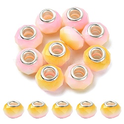 Perles européennes en verre, Perles avec un grand trou   , laiton avec ton argent noyaux doubles, facettes rondelle, orange foncé, 14x9mm, Trou: 5mm