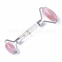 Outils de massage en quartz rose naturel, rouleaux de visage, avec poignée en verre k9 et fleur séchée et accessoires en alliage de zinc, platine, 145x57x20.5mm