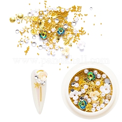 Nail Art Decoration Accessories, with Resin Flowers & Brass Cabochons & Steel Micro Beads & ABS Plastic Imitation Pearl Beads & Glass Rhinestones, Mixed Shapes, Golden, Mixed Color, 0.5~12x0.5~10x0.5~3mm