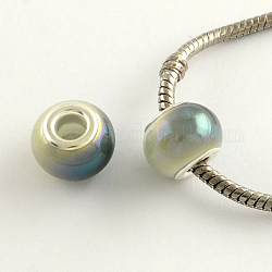 Perles européennes en verre, perles d'imitation jade plaquées, avec de l'argent en laiton à double coeur, plein arc-en-plaqué, perles de rondelle avec grand trou , jaune verge d'or clair, 14~15x11mm, Trou: 4.5~5mm