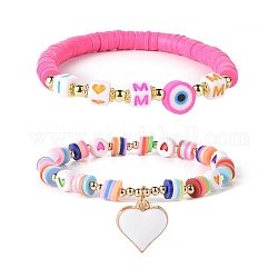 Wort ich liebe Mama Acryl-Armband-Sets für den Muttertag, Legierungs-Emaille-Herz-Charme-Armband & Fimo-Böses-Auge-Stretch-Armband für Frauen, Mischfarbe, Innendurchmesser: 2-1/8 Zoll (5.3~5.5 cm), 2 Stück / Set