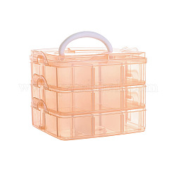 Boîte de rangement en plastique transparent à 3 niveau, boîte de rangement empilable avec séparateurs et poignée, carrée, saumon clair, 15x15x12 cm