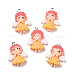 Opaque Resin Pendants, with Platinum Tone Iron Loops, Fairy with Wing, Orange, 30.5x23.5x6.5mm, Hole: 2mm