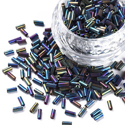 Metallic Colours Glass Bugle Beads, Round Hole, Rainbow Plated, 3~8x2mm, Hole: 0.7mm, about 450g/pound