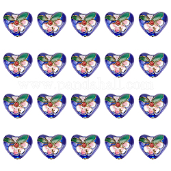 Abalorios de cloisonné hechos a mano pandahall elite, corazón con la flor, azul, 13~14x16x8mm, agujero: 1.5 mm, 20 unidades / caja