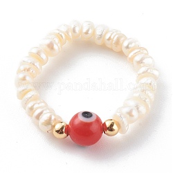 Bagues extensibles en perles d'eau douce de culture naturelles, avec des perles rondes faites à la main au chalumeau et de véritables perles en laiton plaqué 18k or véritable, rouge, diamètre intérieur: 19 mm