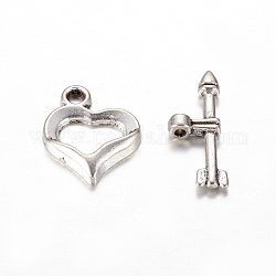 Tibetan Style Toggle Clasps, Heart, Lead Free and Cadmium Free, Antique Silver, about 0.8cm wide, 1.8cm long, hole: about 1.5mm