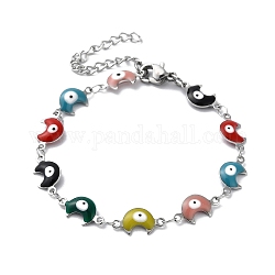 Moon with Evil Eye Enamel Link Chain Bracelet, 304 Stainless Steel Bracelet, Colorful, 6-5/8 inch(16.7cm)