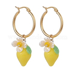 Resin Lemon with ABS Plastic Pearl Flower Dangle Hoop Earrings, Golden 304 Stainless Steel Jewelry for Women, Yellow, 46.5~47mm, Pin: 16x0.8~1.5x0.7mm