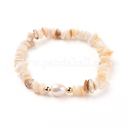 Bracelets de perles extensibles en coquillage naturel, avec perles naturelles et perles en laiton, or, jaune clair, diamètre intérieur: 2-1/8 pouce (5.5 cm)