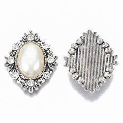 Cabochons de aleación, con rhinestone de cristal, con abs de plástico imitación perla, rombo, plata antigua, blanco antiguo, 32x26x7.5mm