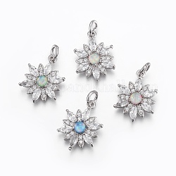 Brass Micro Pave Cubic Zirconia Pendants, with Synthetic Opal, Flower, Platinum, Mixed Color, 23mm, Hole: 3.5~4mm