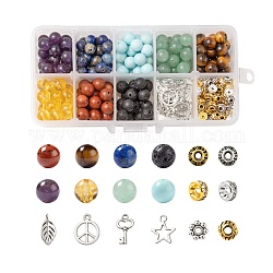 280 pièces 8 styles 8mm perles de pierres précieuses chakra yoga kits de pierres de guérison, avec l'étoile en alliage, signe de paix, breloques clés, Séparateurs perles, pour la fabrication de bracelets de pierres précieuses de bricolage, couleur mixte
