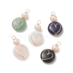 5Pcs 5 Styles Natural & Synthetic Mixed Stone Pendants, Flat Round with Heart Charms, with Natural Cultured Freshwater Pearl Beads and Eco-Friendly Copper Wire Wrapped, Mixed Dyed and Undyed, Real 18K Gold Plated, 29~30x16~17x7mm, Hole: 3.2mm