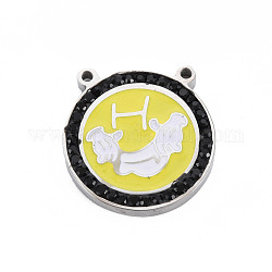 304 Stainless Steel Pendants, with Rhinestone and Enamel, Flat Round with Hand, Jet, 20x19.5x3mm, Hole: 1.4mm