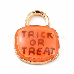 Pendentifs d'émail en alliage, cadenas avec breloque mot tour ou friandise, pour halloween, rouge-orange, 17x14.5x3mm, Trou: 3.5x5mm