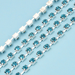 Silver Plated Brass Rhinestone Strass Chains, Rhinestone Cup Chains, Soldered, with Spool, Aquamarine, 3mm, about 32.81 Feet(10m)/Roll
