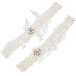 Elastische Brautstrumpfbänder aus Spitze, mit Strass & Perlmutt und Blumenmuster, Hochzeitskleiderzubehör, Blumenweiß, 3/4 Zoll (20 mm) ~ 3-1/8 Zoll (78 mm), 2 Stück / Set