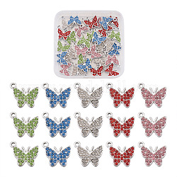 30 шт. 5 цвета из цинкового сплава с бабочками, со стразами из смолы, разноцветные, 12x14 мм, отверстие : 2.5 мм, 6 шт / цвет