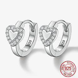 Rhodium Plated Platinum 925 Sterling Silver Micro Pave Cubic Zirconia Hoop Earrings, Heart, with 925 Stamp, Clear, 12.8x14.8mm
